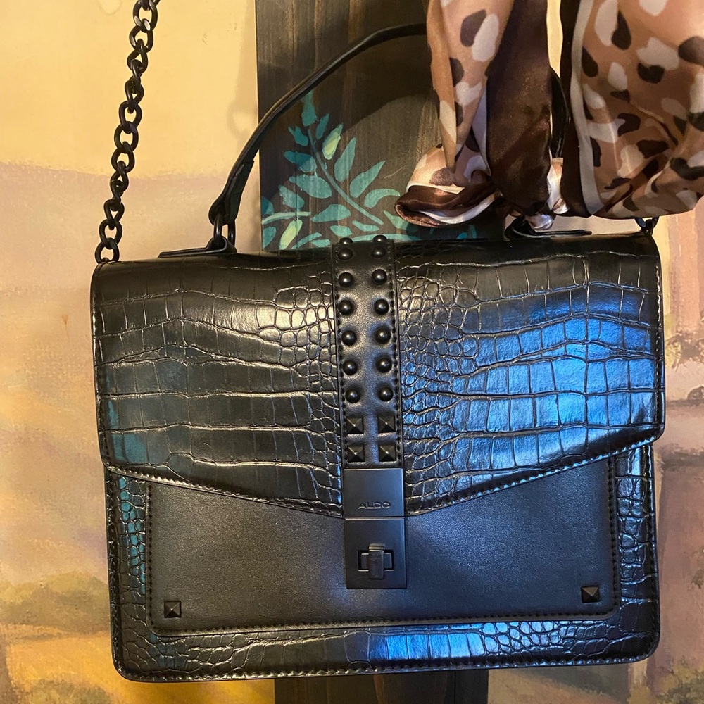 ALDO Black Croc Embossed Vegan Leather Studded Bag - Picture 4 of 13